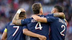 Paris Saint-Germain's Spanish defender Sergio Ramos celebrates scoring his team's first goal during the French L1 football match between Paris Saint-Germain (PSG) and Clermont Foot 63 at the Parc des Princes Stadium in Paris on June 3, 2023. (Photo by FRANCK FIFE / AFP)