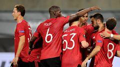 COLOGNE, GERMANY - AUGUST 10: Bruno Fernandes of Manchester United celebrates with teammates after scoring his sides first goal  during the UEFA Europa League Quarter Final between Manchester United and FC Kobenhavn at RheinEnergieStadion on August 10, 20