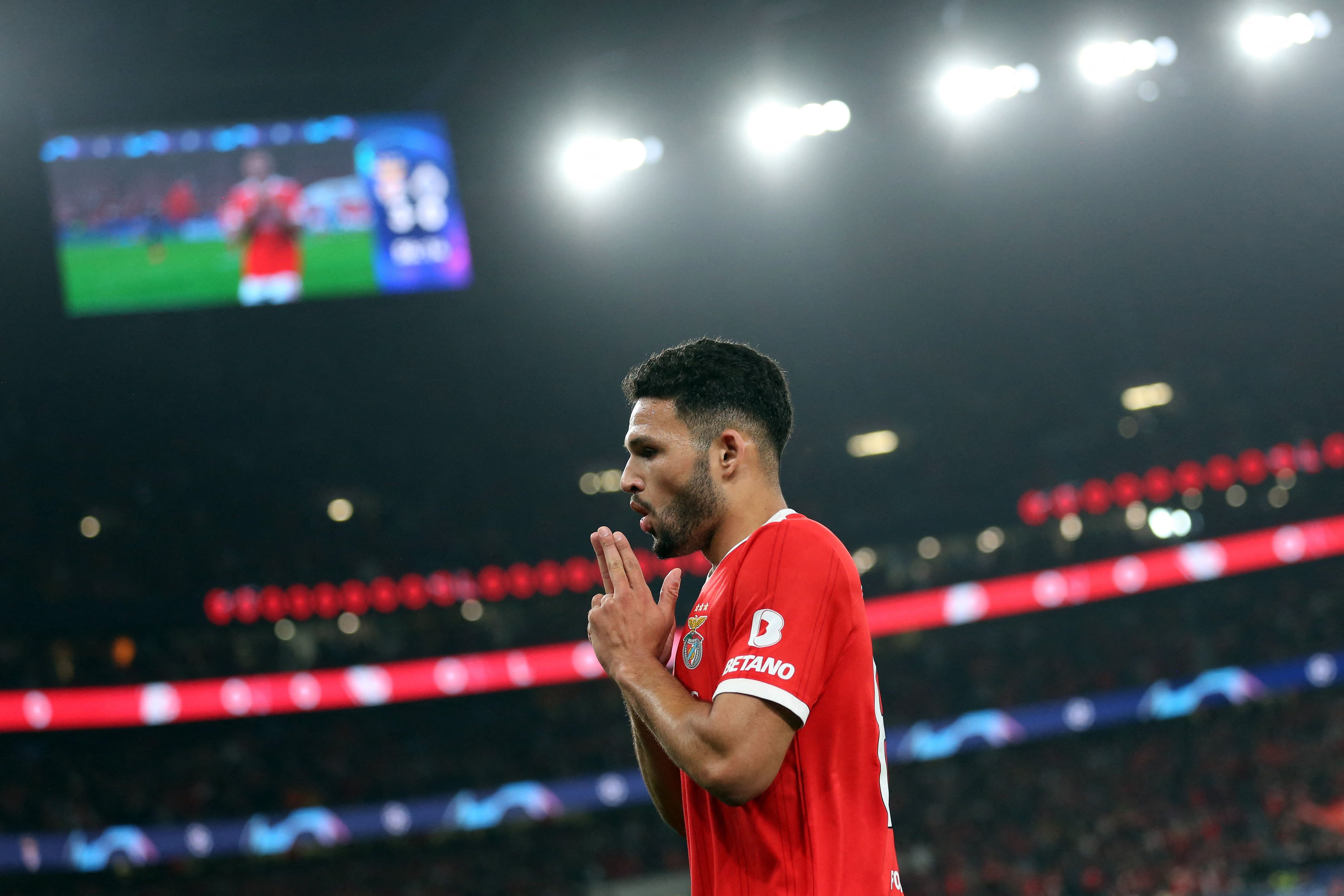 Benfica's Portuguese forward Goncalo Ramos celebrates scoring his team's third goal during the UEFA Champions League round of 16 second leg football match between SL Benfica and Club Brugge at the Luz stadium in Lisbon on March 7, 2023. (Photo by CARLOS COSTA / AFP)