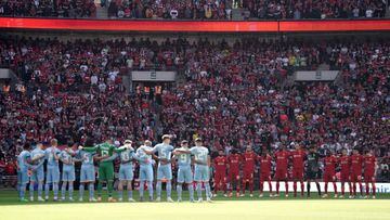 Liverpool fans in the stands as Liverpool and Manchester City players stand for a minute's silence to mark the anniversary of the Hillsborough disaster: Saturday April 16, 2022. (Photo by Nick Potts/PA Images via Getty Images)