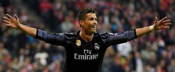 Cristiano Ronaldo celebrates scoring against Bayern Munich in the first leg of the Champions League quarter-final