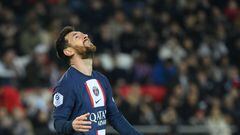Paris Saint-Germain's Argentine forward Lionel Messi reacts during the French L1 football match between Paris Saint-Germain (PSG) and Toulouse FC at the Parc des Princes stadium in Paris on February 4, 2023. (Photo by FRANCK FIFE / AFP)