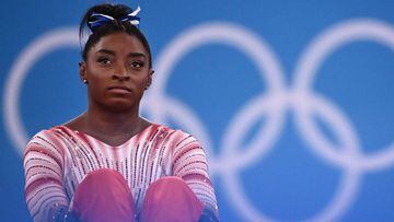 (FILES) In this file photo taken on August 3, 2021 USA&#039;s Simone Biles waits ahead of the artistic gymnastics women&#039;s balance beam final of the Tokyo 2020 Olympic Games at Ariake Gymnastics Centre in Tokyo. - US Olympic and world champion gymnast