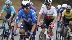 El corredor colombiano Nairo Quintana de Movistar Team compite en la segunda etapa de la carrera ciclística Tour Colombia 2024 hoy, entre Paipa y Santa Rosa de Viterbo (Colombia).