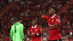 BANGKOK, THAILAND - JULY 12:  Anthony Martial of Manchester United celebrates after scoring a goal to make it 3-0 during the preseason friendly match between Liverpool and Manchester United at Rajamangala Stadium on July 12, 2022 in Bangkok, Thailand. (Photo by Matthew Ashton - AMA/Getty Images)
