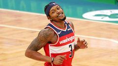 BOSTON, MASSACHUSETTS - JANUARY 08: Bradley Beal #3 of the Washington Wizards smiles during the game against the Boston Celtics at TD Garden on January 08, 2021 in Boston, Massachusetts. NOTE TO USER: User expressly acknowledges and agrees that, by downloading and or using this photograph, User is consenting to the terms and conditions of the Getty Images License Agreement.   Maddie Meyer/Getty Images/AFP == FOR NEWSPAPERS, INTERNET, TELCOS &amp; TELEVISION USE ONLY ==