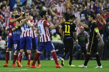 El 9 de abril de 2014, partido de vuelta de los cuartos de final de la Champions League en el Calderón, la ida acabó con empate a uno. En la imagen, los jugadores rojiblancos celebran el pase a las semifinales tras ganar por 1-0.