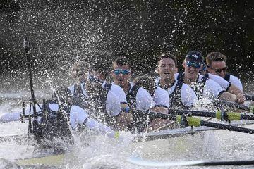 The Oxford crew celebrate after winning the men's Boat Race.