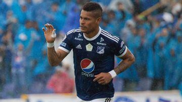 Ayron del Valle celebrando un gol con Millonarios ante Am&eacute;rica por Liga &Aacute;guila I-2018