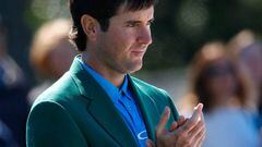 Former Masters champion Bubba Watson watches the putting competition during the Drive, Chip and Putt Championship at Augusta National Golf Club.