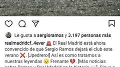 La publicaci&oacute;n de Instagram a la que Sergio Ramos le dio &#039;Like&#039; y que critica al Real Madrid por el asunto de la renovaci&oacute;n del capit&aacute;n.