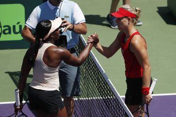 Sloane Stephens of the United States shakes hands with Angelique Kerber of Germany after their match.