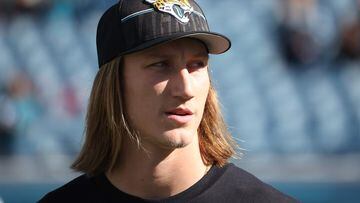 Trevor Lawrence, #16 of the Jacksonville Jaguars, looks on before a game against the Carolina Panthers