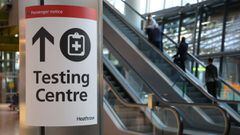 A covid testing centre sign at Heathrow Terminal 5 on November 28, 2021 in London, England.