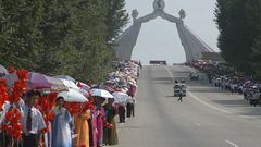 FILE PHOTO: People take part in the celebrations for the National Liberation Day near the Arch of Reunification in the city of Pyongyang, North Korea August 14, 2005. North Korea has demolished the Arch after leader Kim Jong Un said in January 2024 that reunification was no longer possible. Picture taken August 14, 2005./File Photo