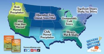 A map of the US with seven zones and its weather predictions for this coming winter by this year's Farmers' Almanac