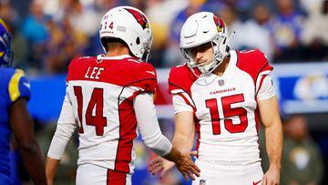 INGLEWOOD, CALIFORNIA - NOVEMBER 13: Andy Lee #14 of the Arizona Cardinals celebrates with Tristan Vizcaino #15 after a made field goal in the first quarter of the game against the Los Angeles Rams at SoFi Stadium on November 13, 2022 in Inglewood, California. (Photo by Ronald Martinez/Getty Images)