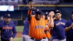 PHOENIX, ARIZONA - OCTOBER 01: Manager Dusty Baker Jr. #12 of the Houston Astros acknowledges fans after the Astros defeated the Arizona Diamondbacks 8-1 to win the American League West division title at Chase Field on October 01, 2023 in Phoenix, Arizona.   Chris Coduto/Getty Images/AFP (Photo by Chris Coduto / GETTY IMAGES NORTH AMERICA / Getty Images via AFP)