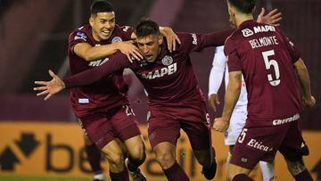 Argentina's Lanus Diego Braghieri celebrates after scoring a goal against Venezuela's Metropolitanos during their Copa Sudamericana group stage football match at the Ciudad de Lanus stadium, in Lanus, Buenos Aires Province, Argentina, on May 25, 2022. (Photo by Luis ROBAYO / AFP) (Photo by LUIS ROBAYO/AFP via Getty Images)
