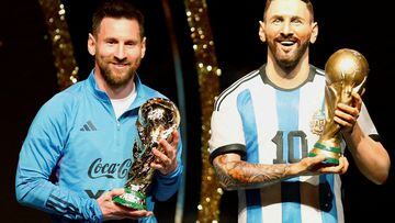 FILE PHOTO: Soccer Football - Copa Libertadores - Draw - Conmebol headquarters, Luque, Paraguay - March 27, 2023 Argentina's Lionel Messi poses with a statue of himself holding the World Cup during the Conmebol event. REUTERS/Cesar Olmedo/File Photo