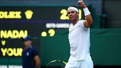 Rafael Nadal of Spain celebrates victory after his Gentlemen&#039;s Singles second round match against Donald Young of The United States on day three of the Wimbledon Lawn Tennis Championships at the All England Lawn Tennis and Croquet Club on July 5, 201