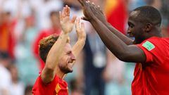SOCHI, RUSSIA - JUNE 18:  Dries Mertens of Belgium celebrates scoring a goal to make it 1-0 with Romelu Lukaku during the 2018 FIFA World Cup Russia group G match between Belgium and Panama at Fisht Stadium on June 18, 2018 in Sochi, Russia. (Photo by Mat