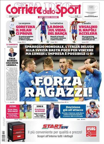La portada del Corriere dello Sport tras la derrota italiana contra Suecia.