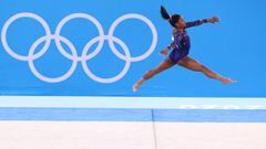 TOKYO, JAPAN - JULY 25: Simone Biles of Team United States competes in the floor exercise during Women&#039;s Qualification on day two of the Tokyo 2020 Olympic Games at Ariake Gymnastics Centre on July 25, 2021 in Tokyo, Japan. (Photo by Jamie Squire/Get
