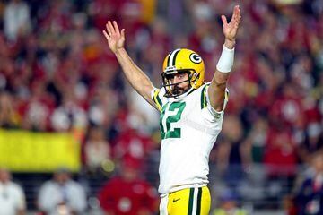 Oct 28, 2021; Glendale, Arizona, USA; Green Bay Packers quarterback Aaron Rodgers (12) reacts during the during the second half against the Arizona Cardinals at State Farm Stadium. Mandatory Credit: Mark J. Rebilas-USA TODAY Sports