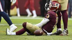 Nov 18, 2018; Landover, MD, USA; Washington Redskins quarterback Alex Smith (11) reacts after suffering a broken leg in the second half against the Houston Texans during the second half at FedEx Field. Mandatory Credit: Brad Mills-USA TODAY Sports