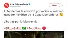 El irónico tuit de Independiente a los hinchas de Flamengo