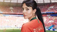 Georgina Rodr&iacute;guez con la camiseta de Cristiano Ronaldo de Portugal durante un partido del Mundial de Rusia.