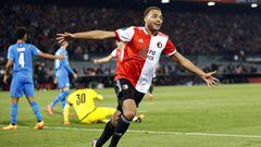 Feyenoord&#039;s Nigerian forward Cyriel Dessers celebrates a first goal during the UEFA Conference League semi-final football match between Feyenoord and Olympique Marseille (OM) at De Kuip stadium in Rotterdam, on April 28, 2022. (Photo by MAURICE VAN S