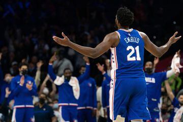 Oct 28, 2021; Philadelphia, Pennsylvania, USA; Philadelphia 76ers center Joel Embiid (21) reacts after a three-point basket during the fourth quarter against the Detroit Pistons at Wells Fargo Center. Mandatory Credit: Bill Streicher-USA TODAY Sports