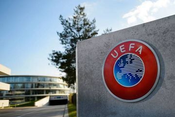 A photo taken on April 6, 2016 shows the logo of European football body UEFA at the UEFA headquarters in Nyon.