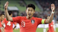 South Korea&#039;s Son Heung-min celebrates after scoring his side&#039;s first goal, during an international friendly soccer match between South Korea and Honduras, in Daegu, South Korea, Monday, May 28, 2018. (AP Photo/Lee Jin-man)