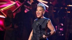 HOLLYWOOD, CALIFORNIA - MARCH 27: Pink, with her 2023 Icon Award, on stage at the 2023 iHeartRadio Music Awards at Dolby Theatre on March 27, 2023 in Hollywood, California. (Photo by Jeff Kravitz/FilmMagic)