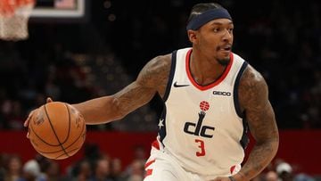 WASHINGTON, DC - DECEMBER 05: Bradley Beal #3 of the Washington Wizards dribbles the ball against the Philadelphia 76ers during the first half at Capital One Arena on December 5, 2019 in Washington, DC. NOTE TO USER: User expressly acknowledges and agrees