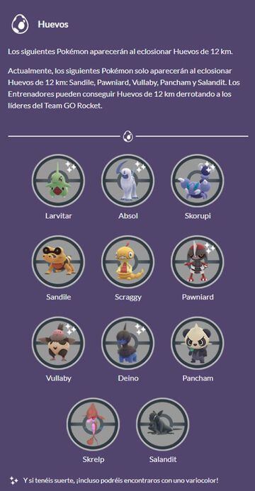 Available Pokémon hatched from 12km Eggs during the Pokémon GO Team GO Rocket Takeover event (February 2023).