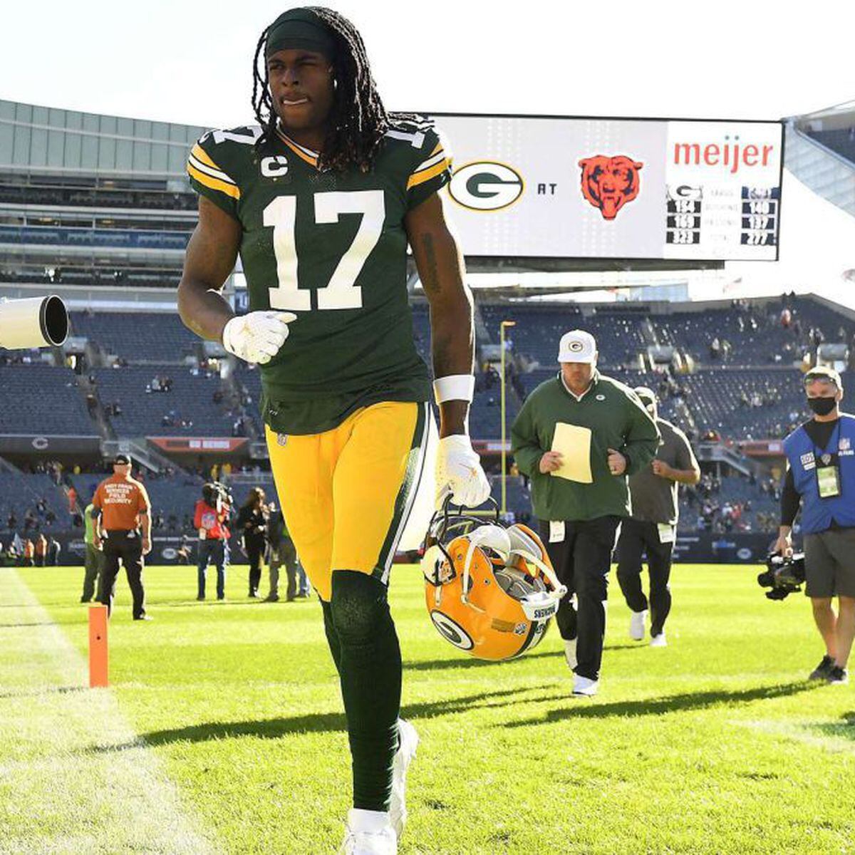 Las Vegas Raiders wide receiver Davante Adams (17) runs for a touchdown  during the first half of an NFL football game against the Buffalo Bills,  Sunday, Sept. 17, 2023, in Orchard Park