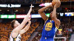 May 6, 2017; Salt Lake City, UT, USA;  Golden State Warriors forward Kevin Durant (35) shoots the ball over Utah Jazz forward Gordon Hayward (20) during the second quarter in game three of the second round of the 2017 NBA Playoffs at Vivint Smart Home Are