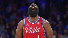 PHILADELPHIA, PA - MAY 08: James Harden #1 of the Philadelphia 76ers reacts against the Miami Heat in the second half during Game Four of the 2022 NBA Playoffs Eastern Conference Semifinals at the Wells Fargo Center on May 8, 2022 in Philadelphia, Pennsyl