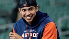 HOUSTON, TEXAS - MAY 23: Mauricio Dubon #14 of the Houston Astros looks on before a game against the Cleveland Guardians at Minute Maid Park on May 23, 2022 in Houston, Texas. Dubon was traded to the Astros on May 14 by the San Francisco Giants.  (Photo by Bob Levey/Getty Images)