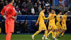 Barcelona's Brazilian forward #19 Vitor Roque celebrates scoring his team's third goal during the Spanish league football match between Deportivo Alaves and FC Barcelona at the Mendizorroza stadium in Vitoria on February 3, 2024. (Photo by Ander Gillenea / AFP)