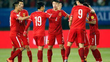 China&#039;s players celebrate their goal against the Maldives during a 2018 World Cup football qualifying match in Wuhan, central China&#039;s Hubei province.