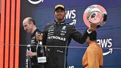 Second placed Mercedes' British driver Lewis Hamilton celebrates on the podium after the Spanish Formula One Grand Prix race at the Circuit de Catalunya on June 4, 2023 in Montmelo, on the outskirts of Barcelona. (Photo by JAVIER SORIANO / AFP)