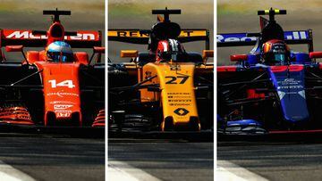 Alonso en el McLaren, Hulkenberg en el Renault y Sainz en el Toro Rosso en Monza.
