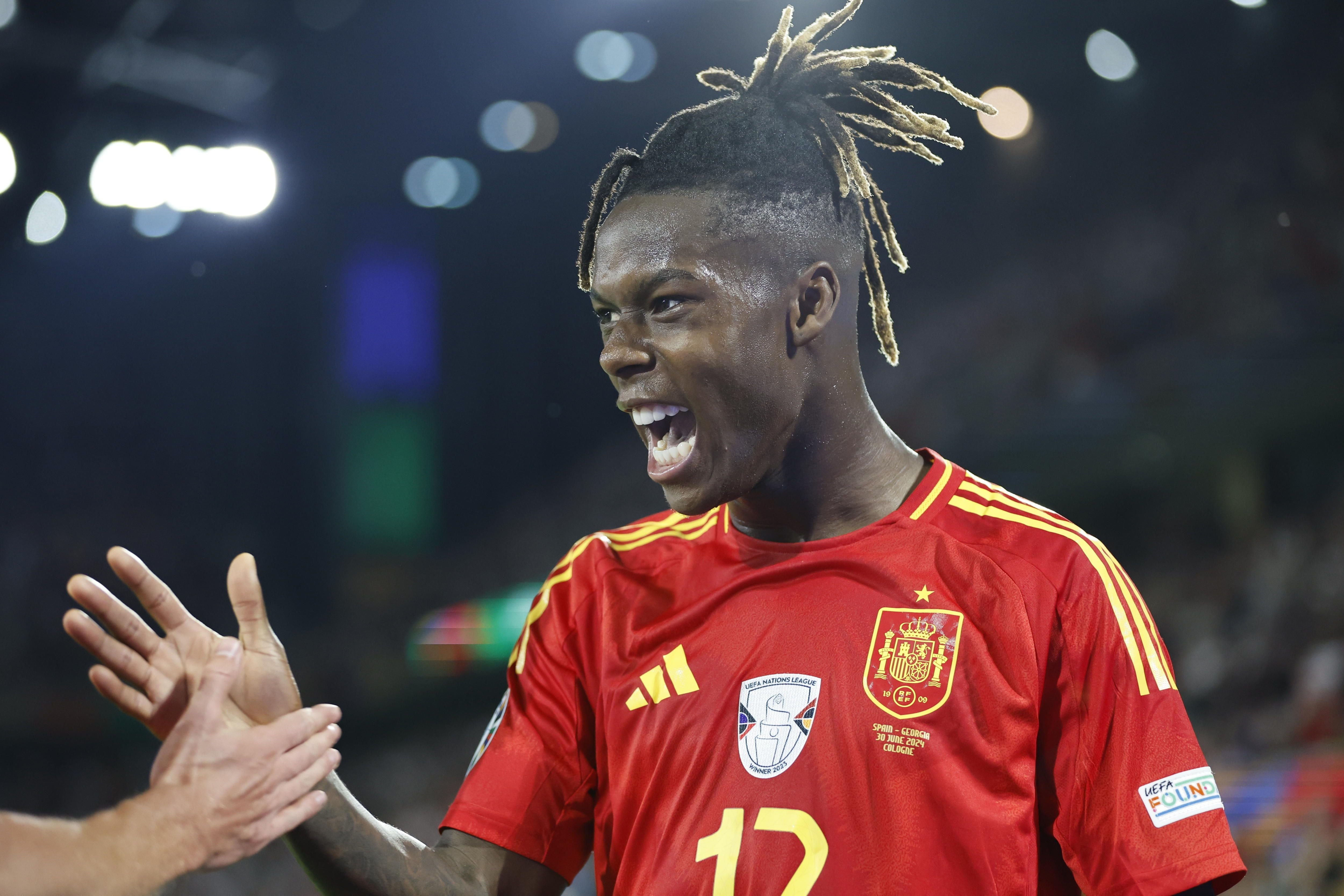 Cologne (Germany), 30/06/2024.- Nico Williams of Spain celebrates after scoring the 3-1 goal during the UEFA EURO 2024 Round of 16 soccer match between Spain and Georgia, in Cologne, Germany, 30 June 2024. (Alemania, España, Colonia) EFE/EPA/ROBERT GHEMENT
