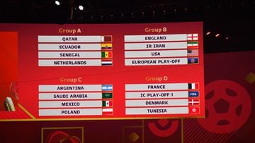 Doha (Qatar), 01/04/2022.- The draw for the groups A,B,C,D on display during the main draw for the FIFA World Cup 2022 in Doha, Qatar, 01 April 2022. (Mundial de Fútbol, Catar) EFE/EPA/NOUSHAD THEKKAYIL
