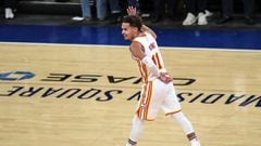 Atlanta Hawks guard Trae Young (11) waves to the crowd after making a three point shot against the New York Knicks in the fourth quarter of Game 5 of an NBA basketball first-round playoff series Wednesday, June 2, 2021, in New York. (Wendell Cruz/Pool Pho